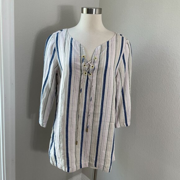 Tommy Bahama Womens Medium Striped Tunic Top Lace Up Neck Linen Blend Shirt - Picture 1 of 12